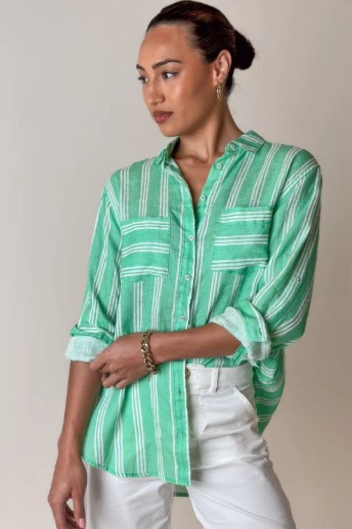 Island Green Stripe Boyfriend Linen Shirt - Since I Found You